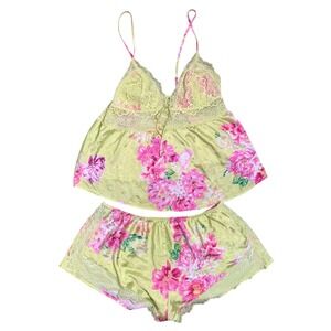 Victoria's Secret Citron Floral Yellow Stretch Lace Satin Cami Set Womens Size M